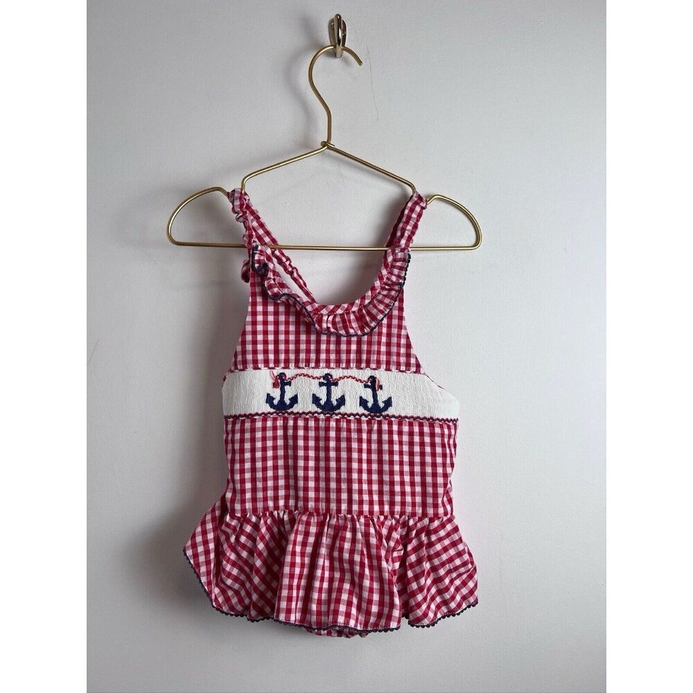 Silly Goose Romper One Piece w/Ruffles Nautical Smocked Red Gingham 4t